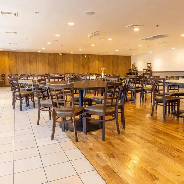 The wood-paneled dining room